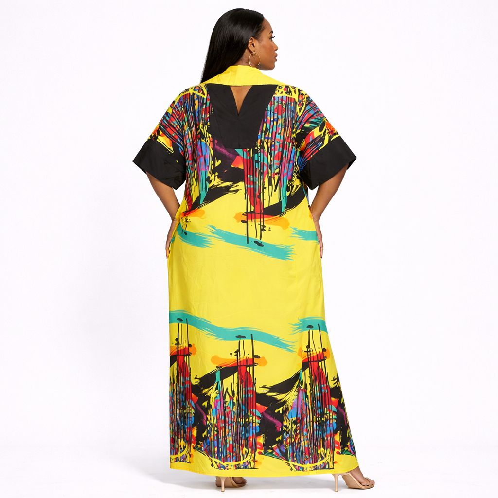 Yellow Abstract Print Kaftan Maxi Dress
